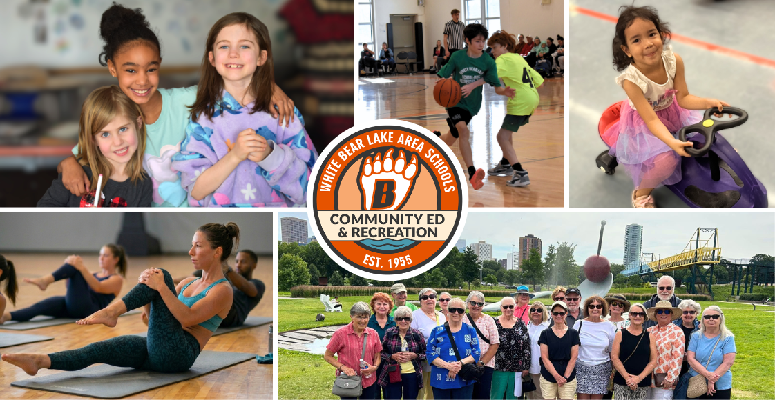 A multi-image collage with a central logo for White Bear Lake Area Schools Community Ed & Recreation. Surrounding the logo are images showcasing various programming: children smiling together, youth basketball players in action, a toddler on a ride-on toy, adults participating in a fitness class, and a large group of senior citizens posing together in an outdoor park. The collage illustrates a wide range of activities for all ages.
