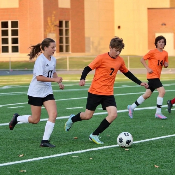 Two middle school students compete for the ball during a soccer game on a turf field, with one player in an orange jersey dribbling and another in a white jersey defending.