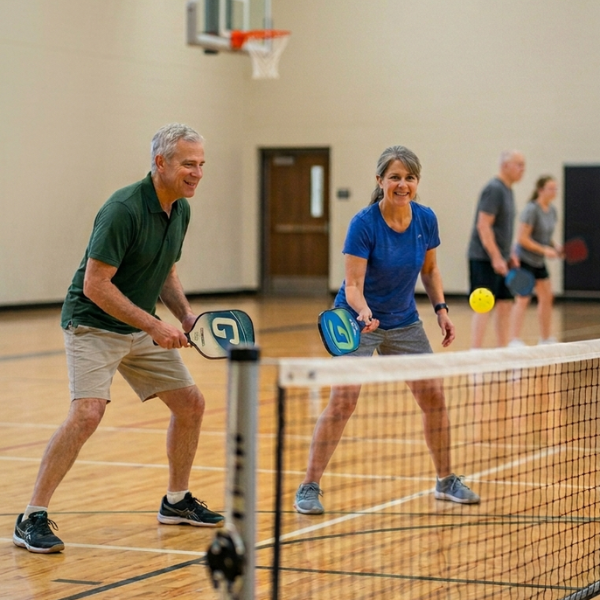 Two adults smile as they play pickleball together on an indoor court, with the woman ready to hit the yellow ball over the net.