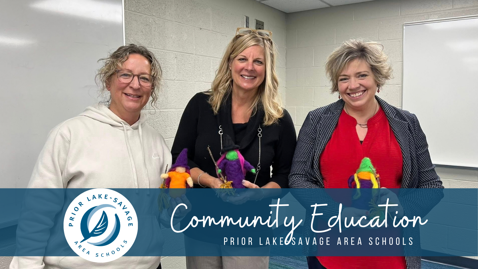Prior Lake Savage Area Schools Community Education Logo with A Group of People in a Gym smiling with pickleball paddles