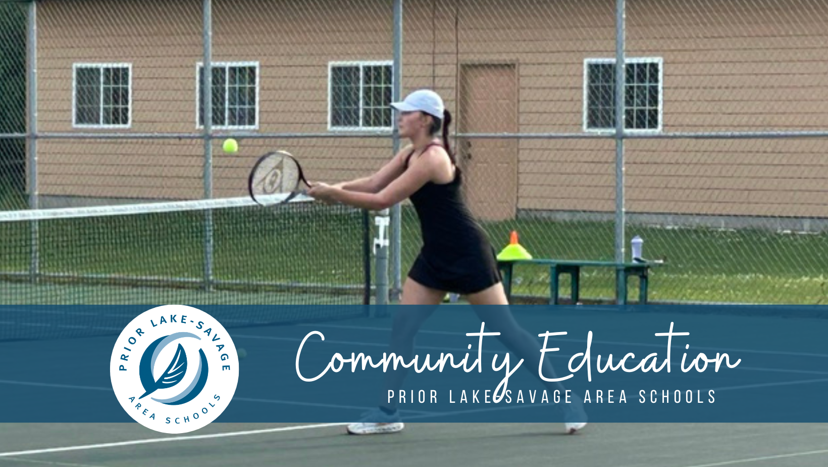 Prior Lake Savage Area Schools Community Education Logo with A Group of People in a Gym smiling with pickleball paddles