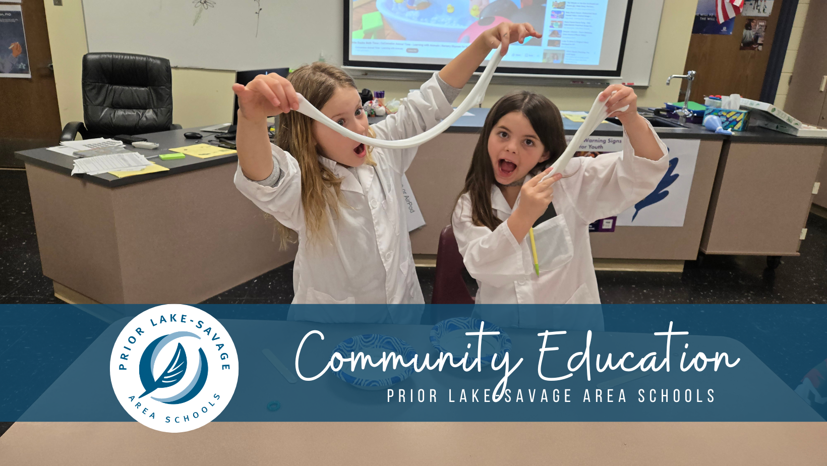 Prior Lake Savage Area Schools Community Education Logo with A Group of People in a Gym smiling with pickleball paddles