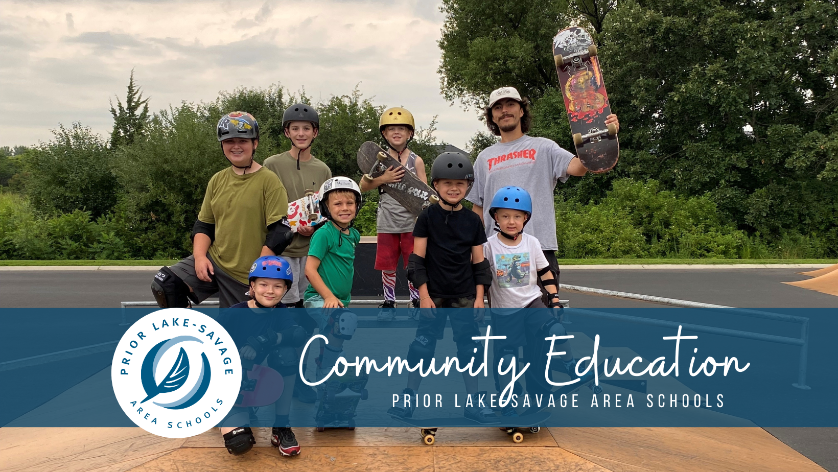 Prior Lake Savage Area Schools Community Education Logo with A Group of People in a Gym smiling with pickleball paddles