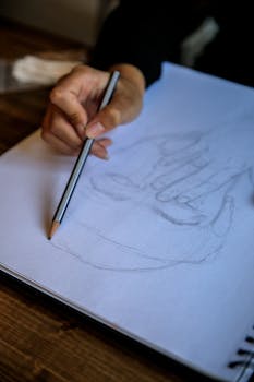 A person sketching a face with a pencil in a spiral notebook. Artistic creativity in motion.