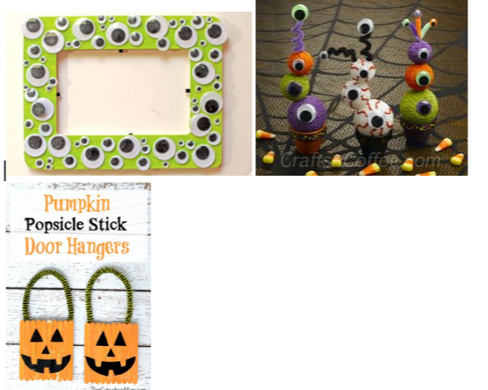 Halloween crafts; Eyeball Picture Frame, Eyeballs stacked on top of each other for a spooky table decor, pumpkin door hangers made of popsicle sticks.