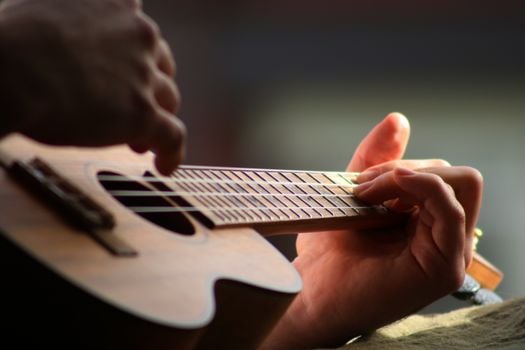 Detailed image of fingers strumming a ukulele, showcasing musical precision.