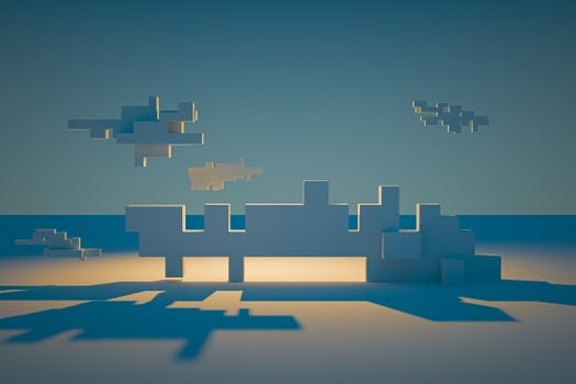 Stylized 3D render with geometric shapes casting shadows against a gradient backdrop.