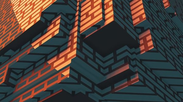 Abstract geometric structure with orange and dark patterns creating a modern art aesthetic.