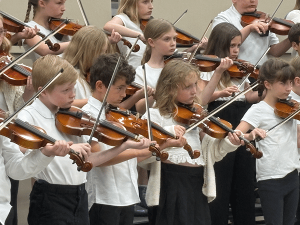 Rows of students in concert attire standing on risers while playing violin during a performance.