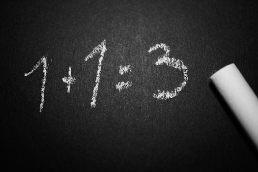 Chalkboard with a humorous incorrect math equation, ideal for educational settings.
