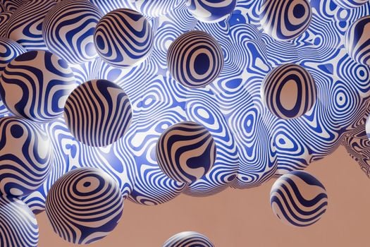 Dynamic 3D image of spheres with blue wavy patterns creating an abstract visual effect.
