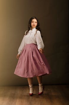Portrait of a woman in vintage fashion with long hair, white blouse, and pink skirt.