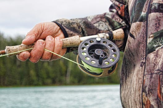 Detailed view of a fisherman handling a fishing rod by a river in Alaska.
