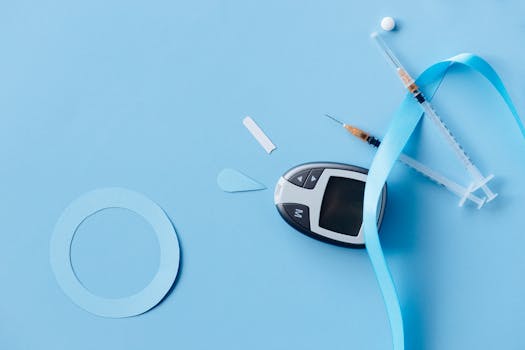 Flat lay of a diabetes monitoring kit with syringes and glucose meter on a blue background.