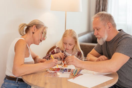 A family of three enjoying creative time with painting and drawing at home.