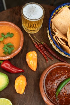 A vibrant display of Mexican dishes featuring salsa, chili, and beer.