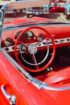 Steering Wheel of Red, Vintage Convertible Car