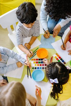 Top view of children painting with watercolors at a preschool art class.