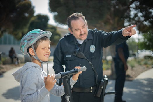 A police officer guides a young boy with a scooter outdoors, fostering community relations.