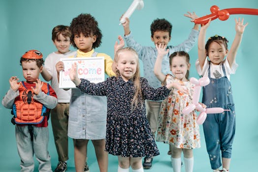 Group of diverse children having fun with balloons and costumes in kindergarten.