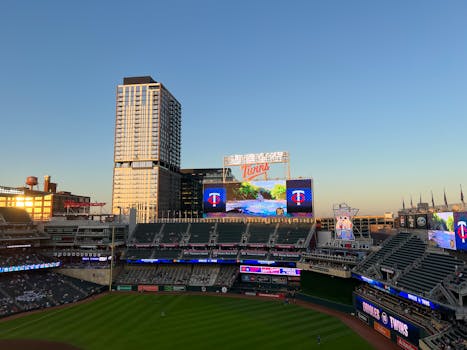 Aerial view of Target Field stadium during twilight in Minneapolis, Minnesota.