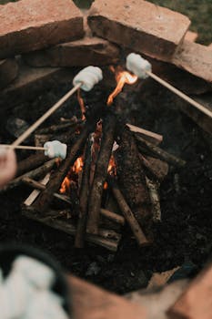 A cozy outdoor campfire with marshmallows roasting on sticks, ideal for family gatherings.
