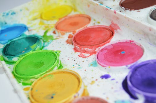Close-up of a colorful watercolor paint palette showcasing vibrant hues for artistic creativity.