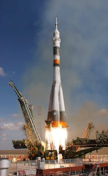 A powerful rocket launch lifting off with smoke and fire, ascending into a clear sky.