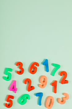 Bright plastic numbers 0-9 on a green background with ample copy space.