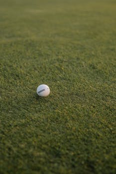 Close-up of a white golf ball resting on green grass, capturing evening serenity.