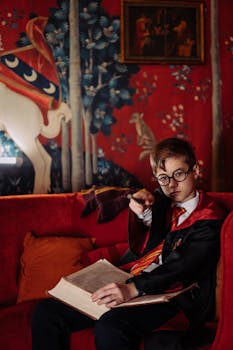 A young boy in wizard costume reads in a magical-themed room, holding a wand.