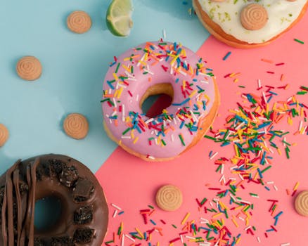 Top view of colorful donuts with sprinkles and biscuits on a two-tone background.