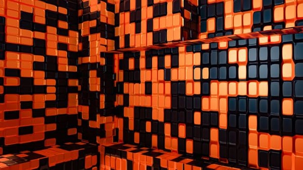 Modern abstract design featuring a vibrant orange and black geometric tile pattern.