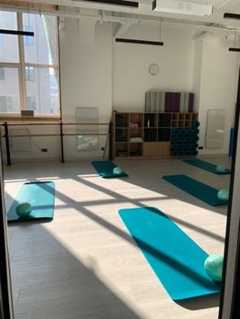 Bright studio featuring Pilates mats, balls, and props under natural light. Ideal for fitness sessions.