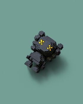A 3D pixel art robot with yellow eyes on a green background, isolated view.