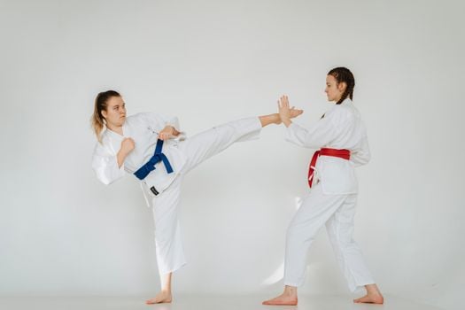 Dynamic shot of two women practicing martial arts techniques in a studio setting.