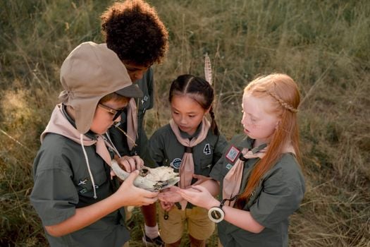 A diverse group of child scouts examining an animal skull outdoors during summer camp.