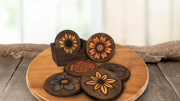 Picture for: Fire & Flowers! Woodburned Floral Coaster Set