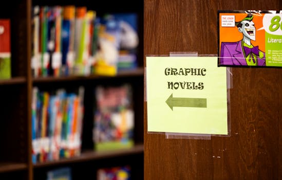 Graphic novel section sign in a library with shelves of colorful books in the background.