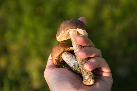 Hand holding fresh wild mushrooms with a natural outdoor background.